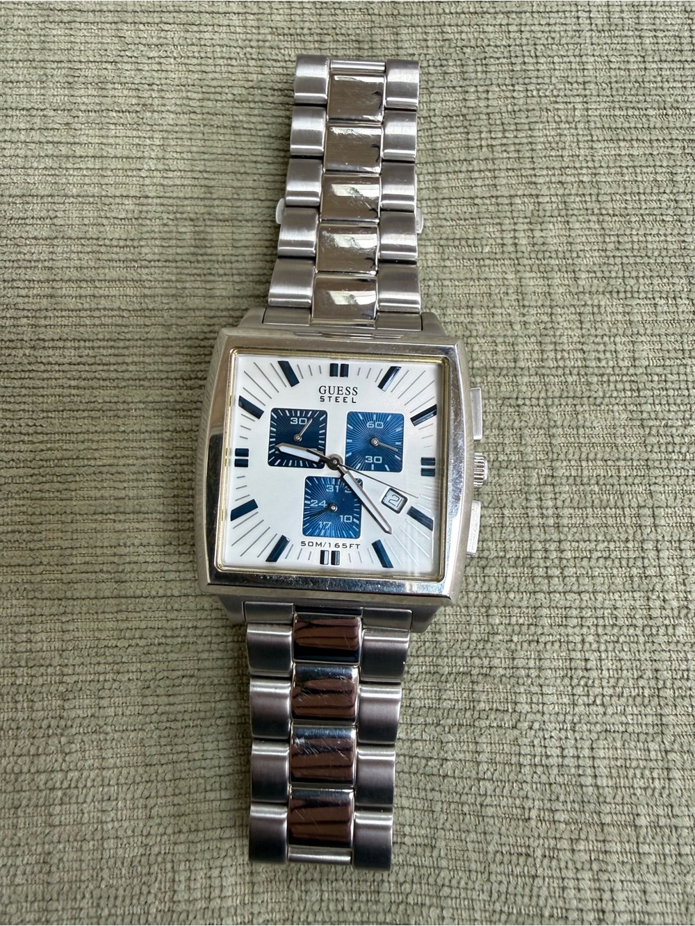 GUESS Steel Silver Chronograph Bracelet Watch with Blue Subdials